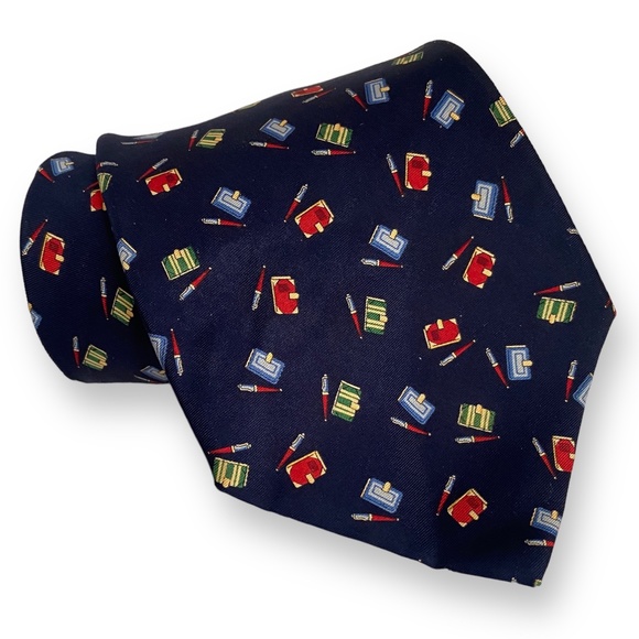 VTG Tommy Hilfiger Silk Necktie Blue  Writer Book 90 Preppy Academia Y2K Retro - Picture 1 of 7